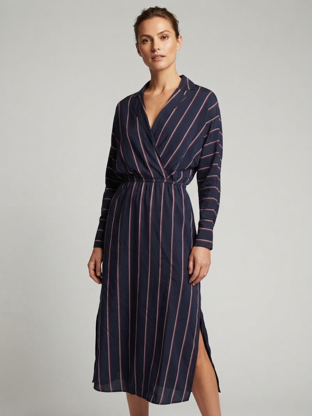 A.L.C. Navy Blue Red Striped Silk Long Sleeve Midi Dress Size 6 EUC